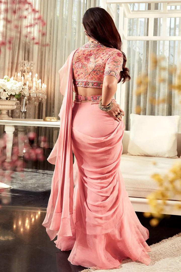 Peach Color Sequence Organza Raffle Saree