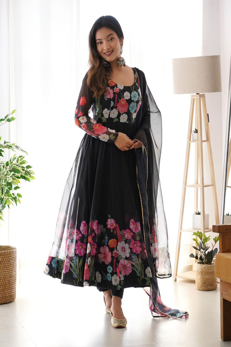 Black Floral Printed Organza Anarkali Suit