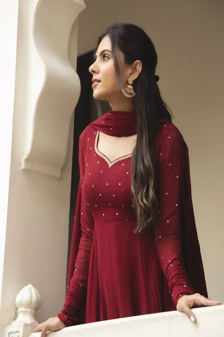 Maroon  Soft Georgette With Sequence Fully Flair Anarkali Suit