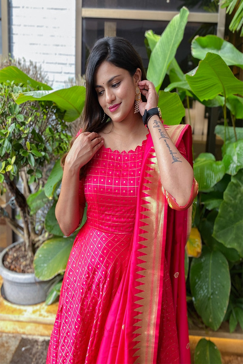 Pink Unique Jacquard Weaving Work Gown With Dupatta