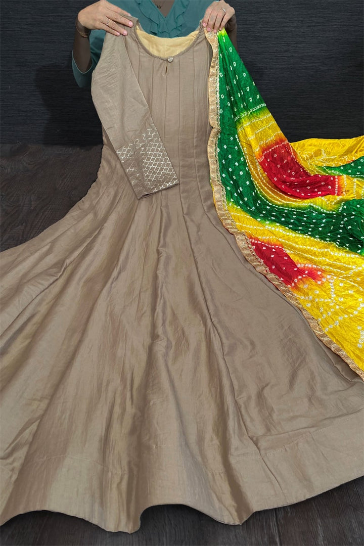 Chiku Color Chinon Anarkali Gown With Bandhani Dupatta