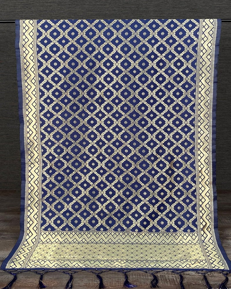 Navy Blue Color Jacquard Silk Dupatta  Weaving Zari Work With Tassels