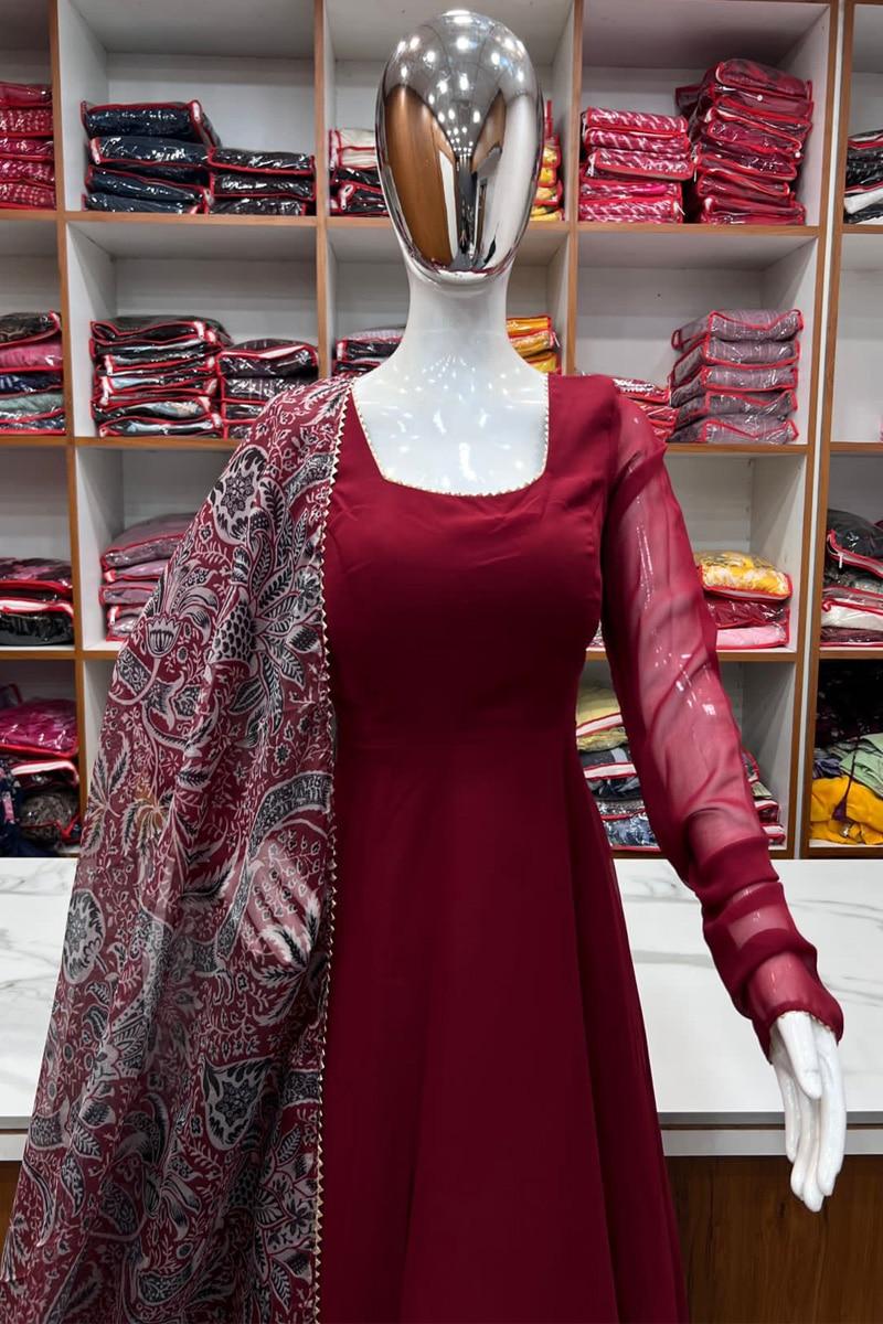 Maroon Triangle Lace Pure Soft Fox Georgette Fully Flair  Anarkali Suit