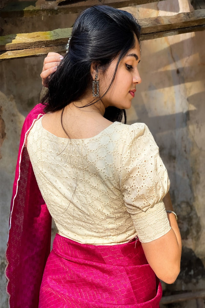 Pink Beautiful Gadhawal Chex Material & Arca Work Saree