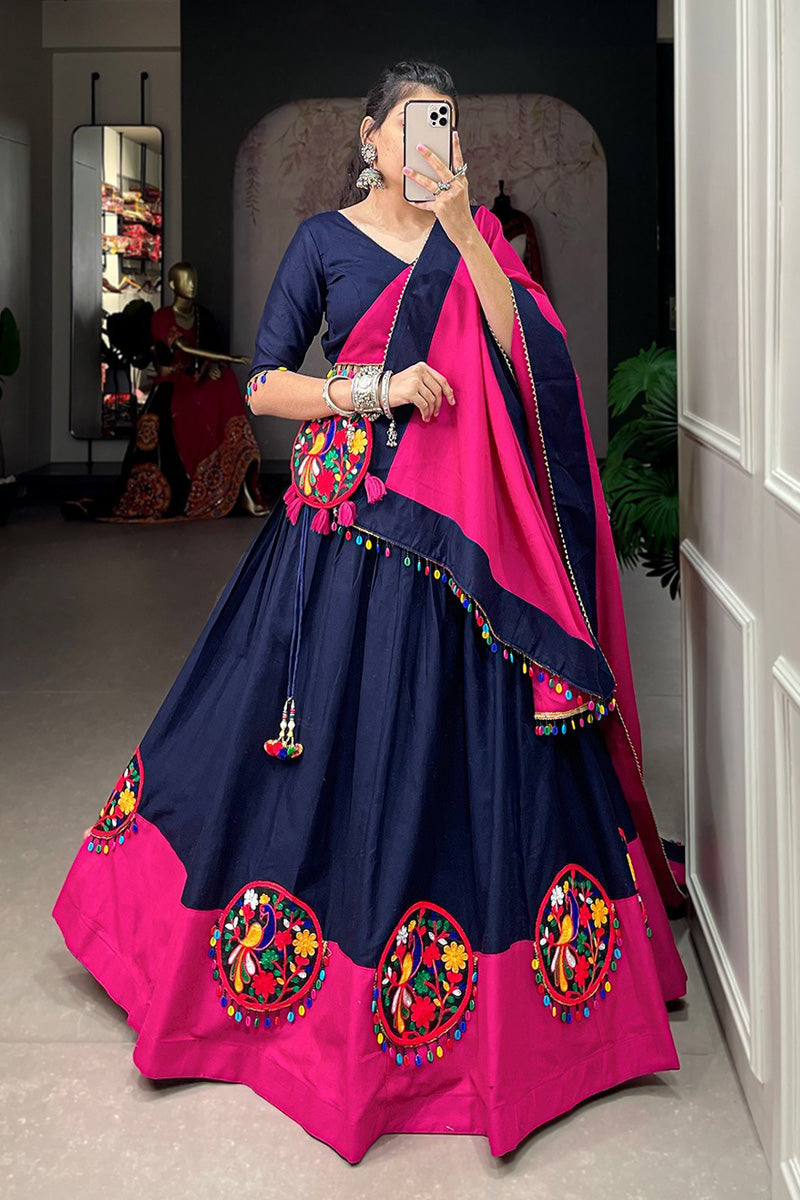 Navy Blue Color Pure Cotton Lehenga Choli With Gamthi Patche Work