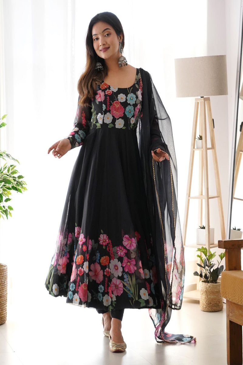 Black Floral Printed Organza Anarkali Suit