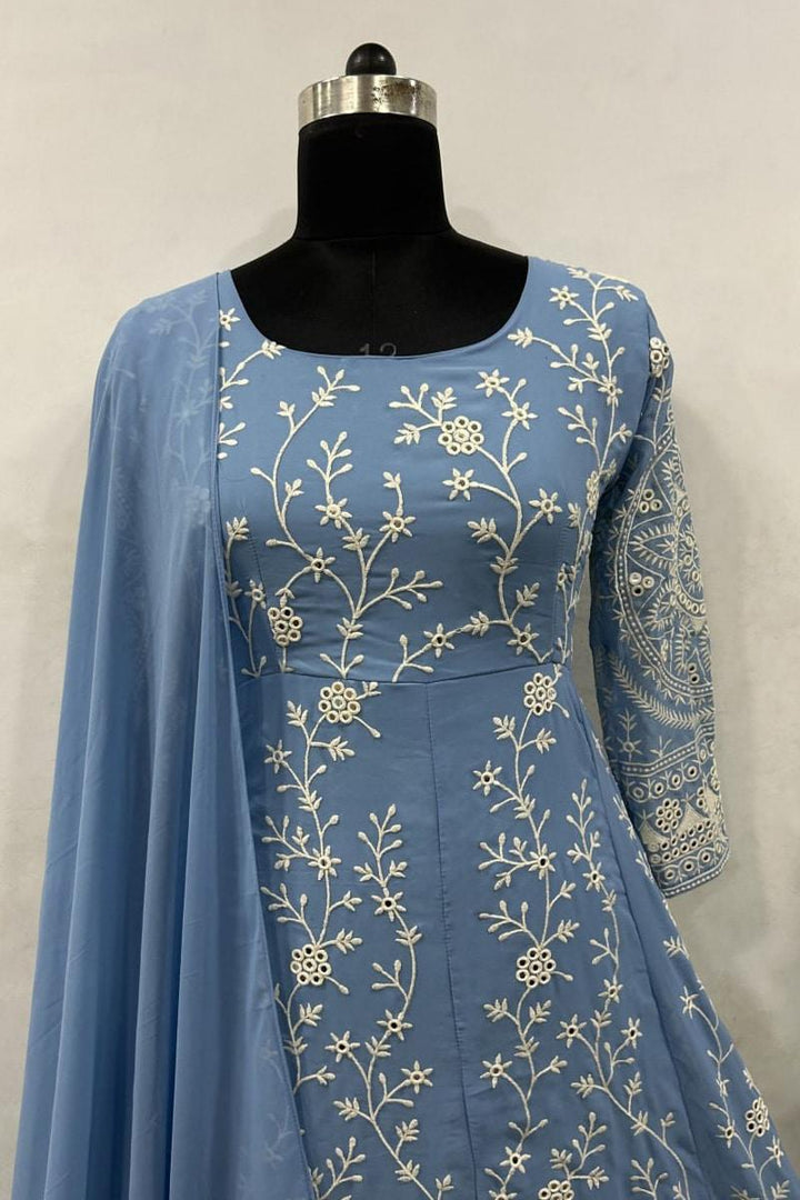 Sky Blue Designer Embroidery Georgette Anarkali Gown