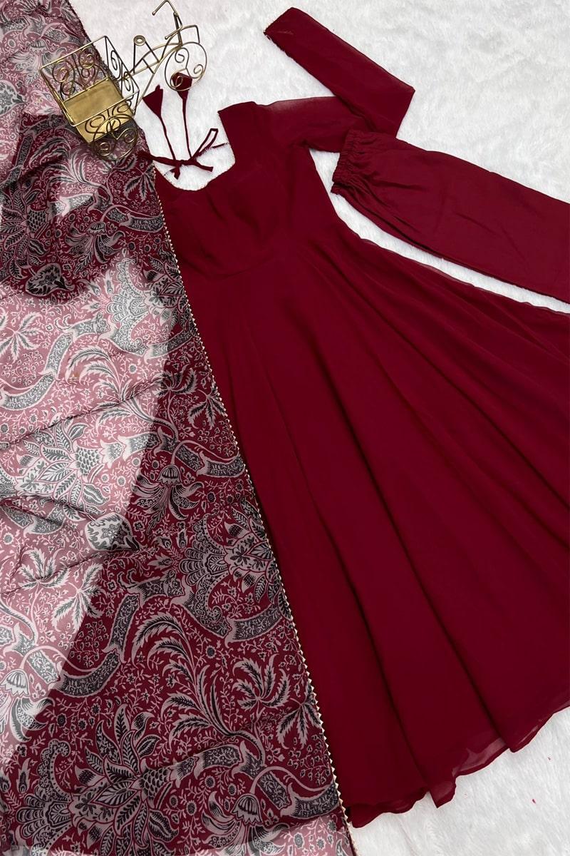 Maroon Triangle Lace Pure Soft Fox Georgette Fully Flair  Anarkali Suit