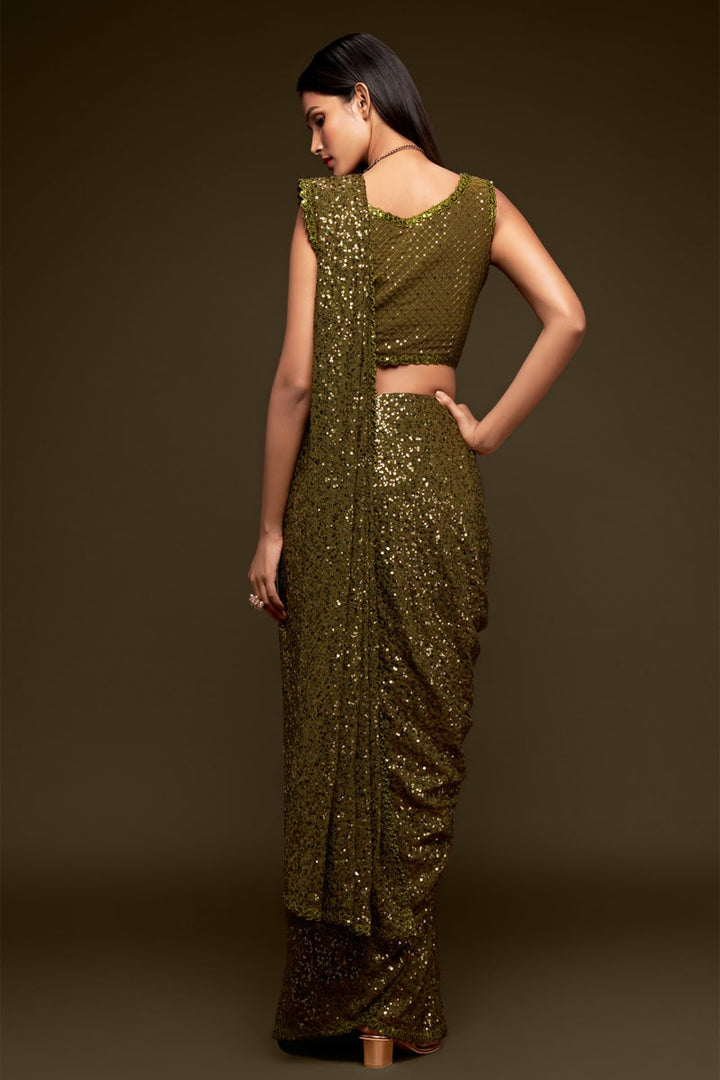 Olive Green  Designer Multipal Sequence Embroidery Georgette Saree