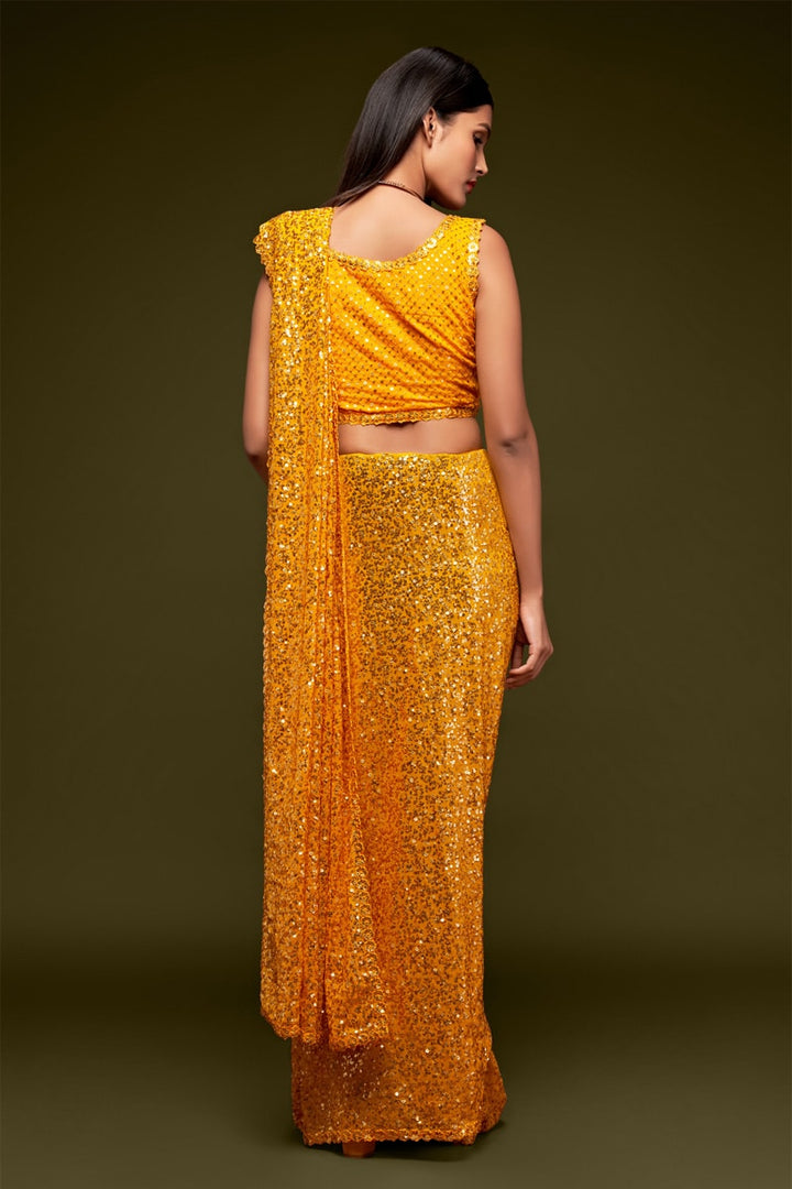 Honey Yellow Color Designer Multipal Sequences Embroidery Georgette Saree