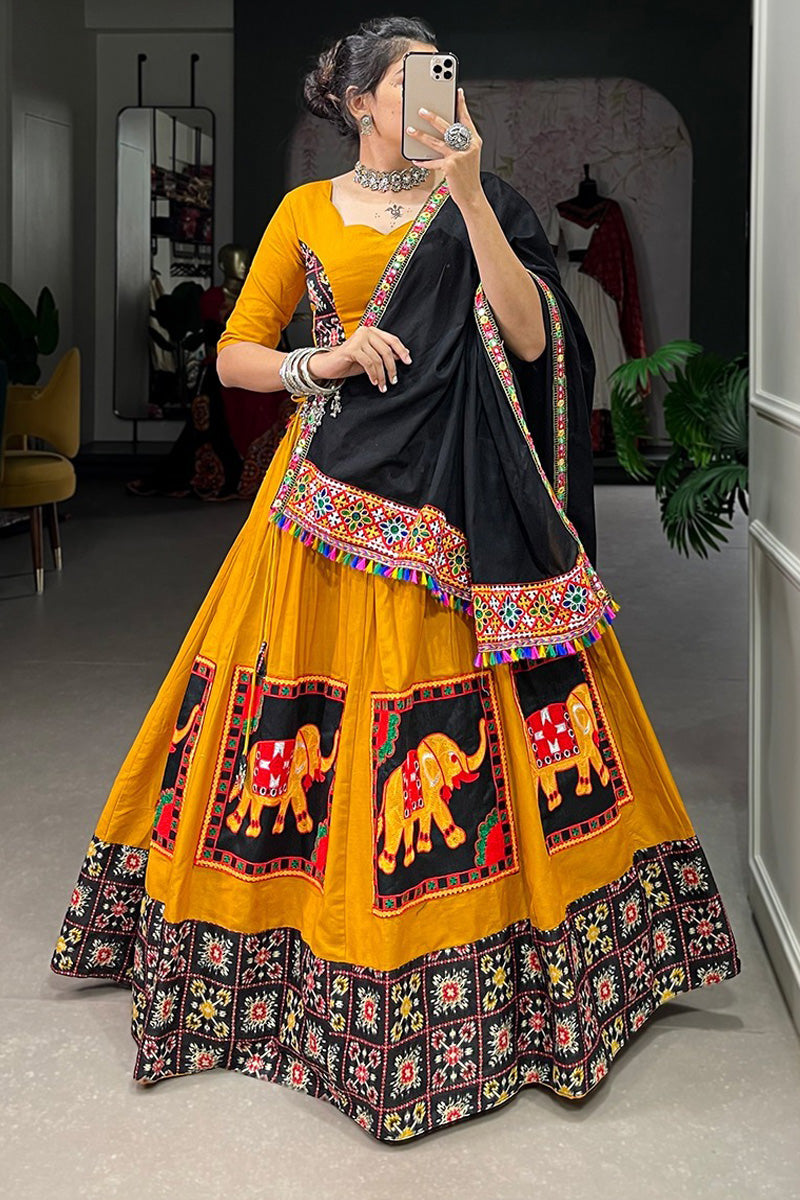 Mustard Yellow Color Gamthi Work Pure Cotton Lehenga Choli for Navratri Wear