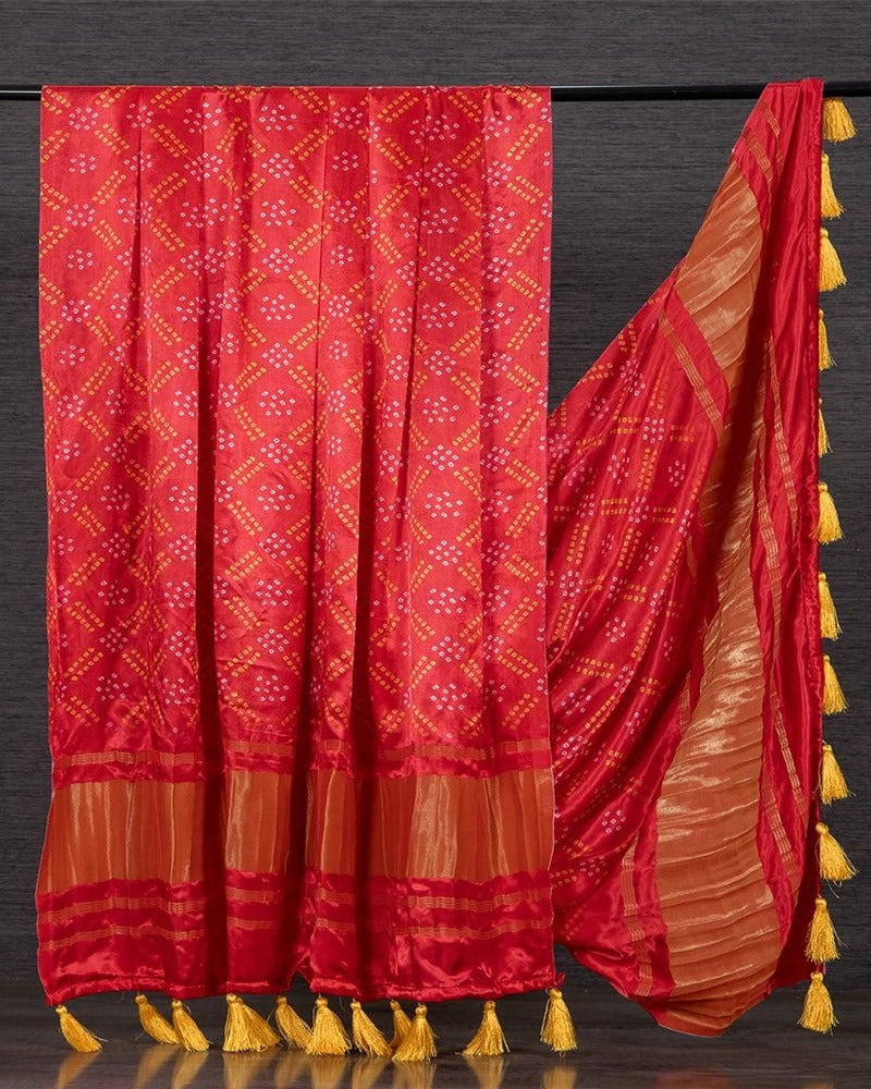 Red Color Pure Gaji Silk Bandhani Printed Dupatta With Tassels