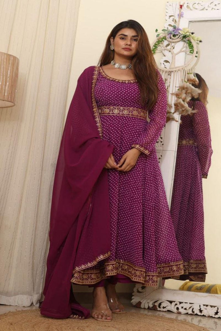 Digital Print Purple Georgette Anarkali Suit Pant With Dupatta