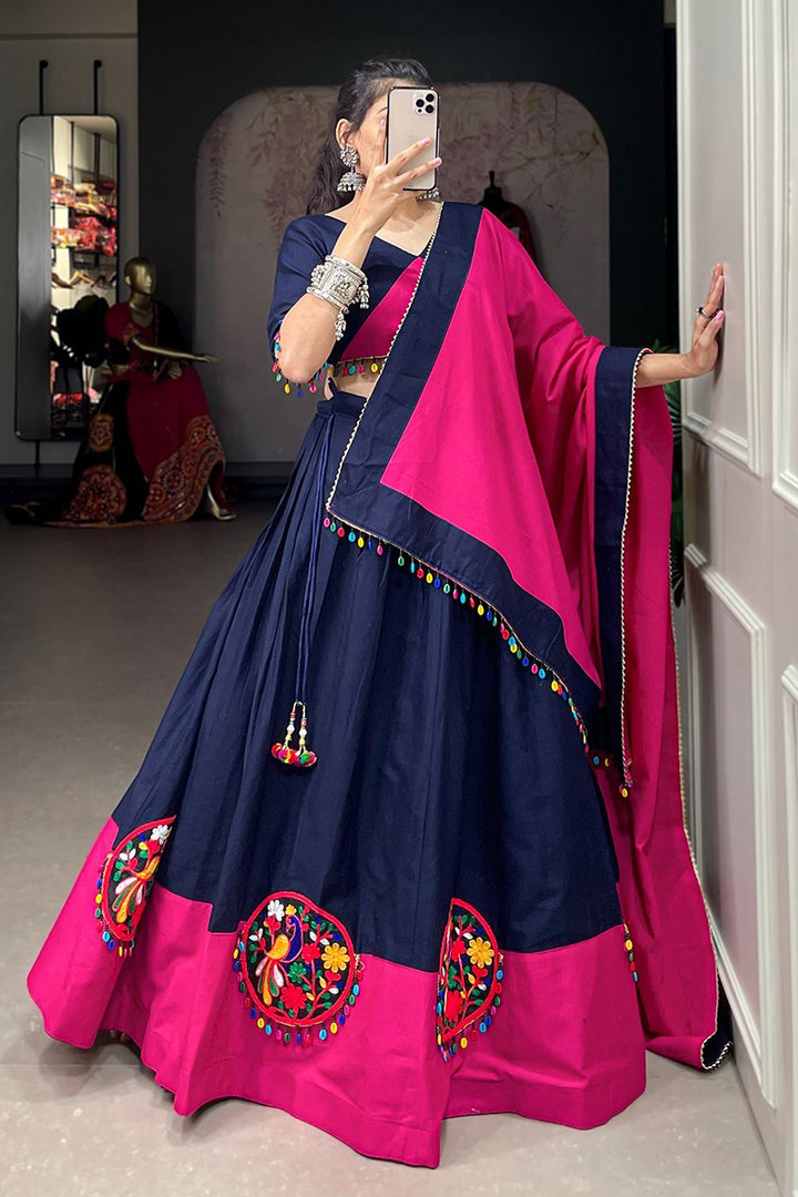 Navy Blue Color Pure Cotton Lehenga Choli With Gamthi Patche Work