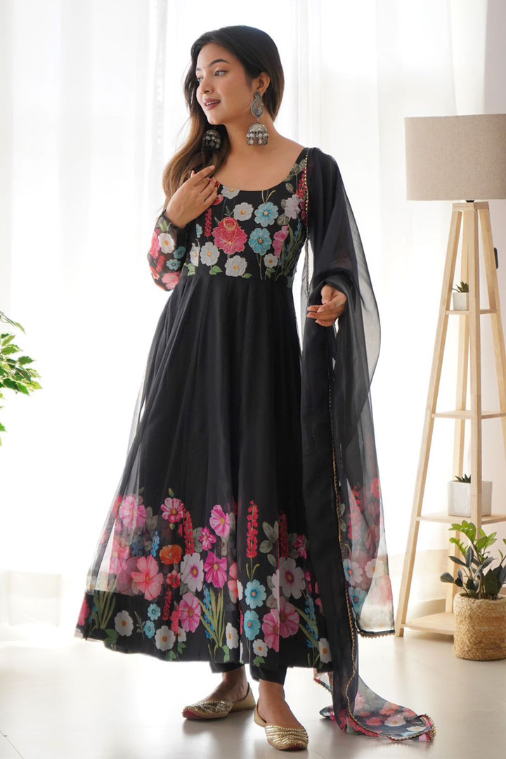 Black Floral Printed Organza Anarkali Suit