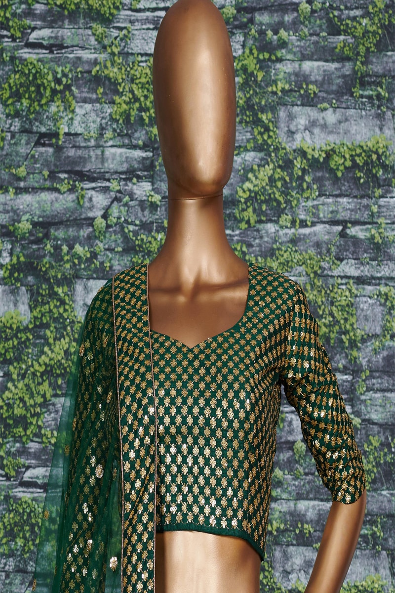 Green Sequin Embroidery Raw Silk Lehenga Choli