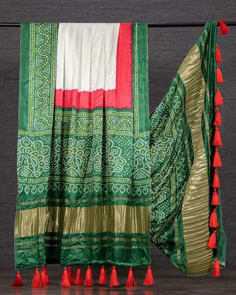 White And Green Color Pure Gaji Silk Bandhani Printed Dupatta With Tassels