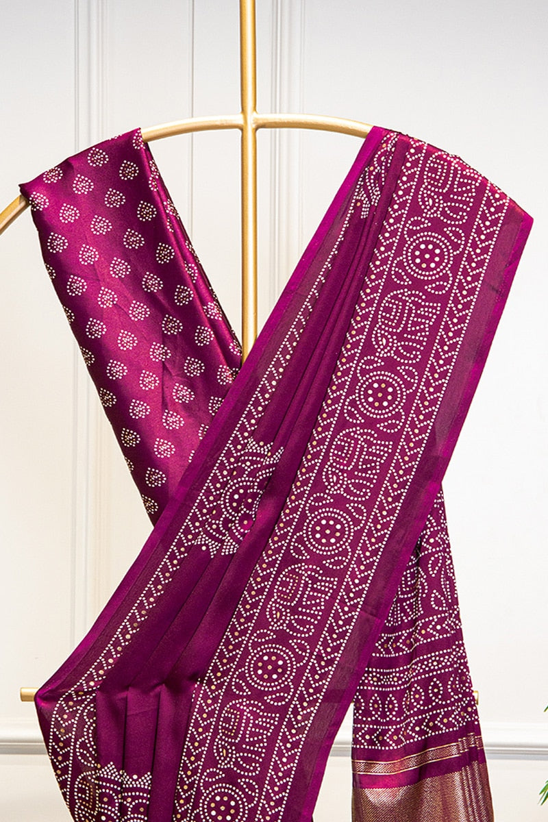 Wine Semi Gaji Satin & Printing With Foil Work Saree