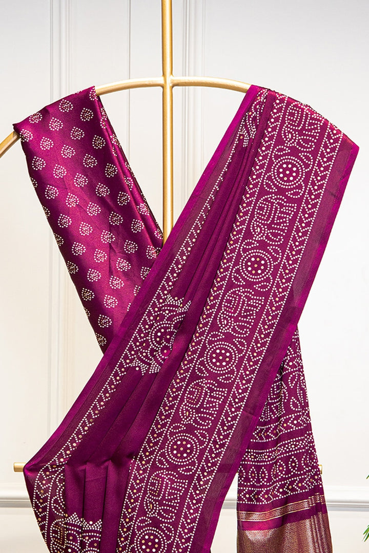 Wine Semi Gaji Satin & Printing With Foil Work Saree