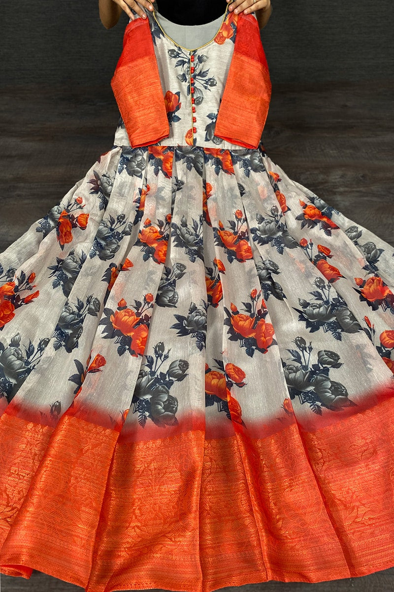 Off White Gown In Soft Cotton With Combination Of Print