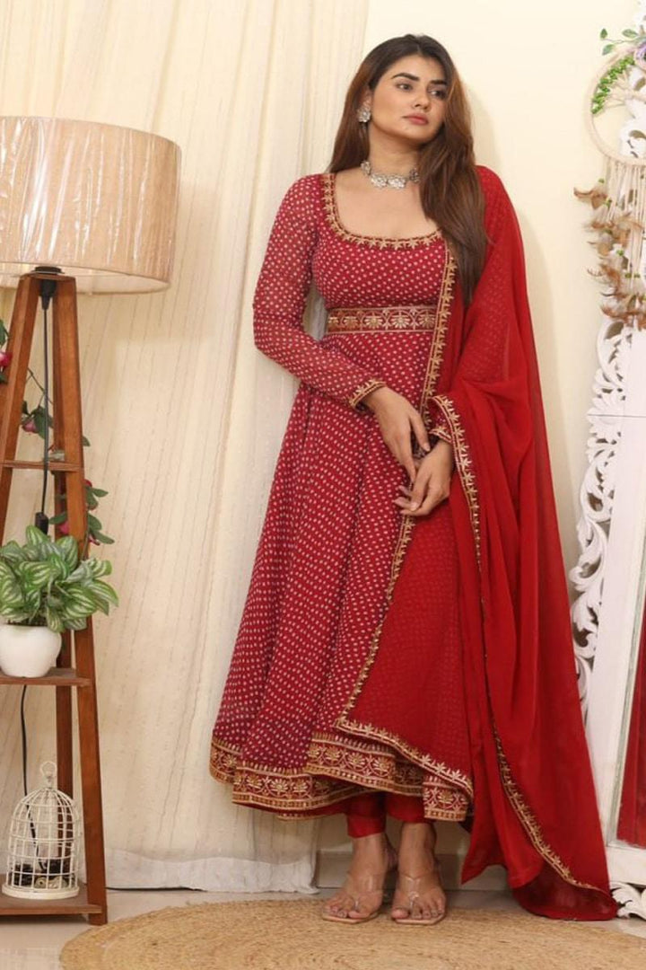 Digital Print Red Georgette Anarkali Suit Pant With Dupatta