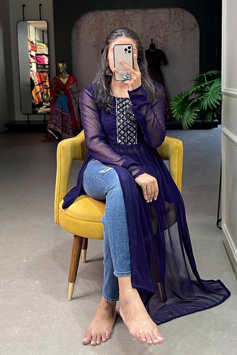Amazing Navy Blue Embroidery Work Georgette Nyra Cut Kurti