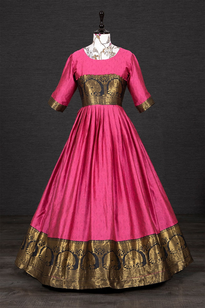 Pink Full Stitched Silk Weaving Work Gown