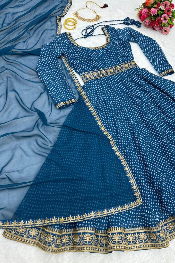 Digital Print Teal Blue Georgette Anarkali Suit Pant With Dupatta