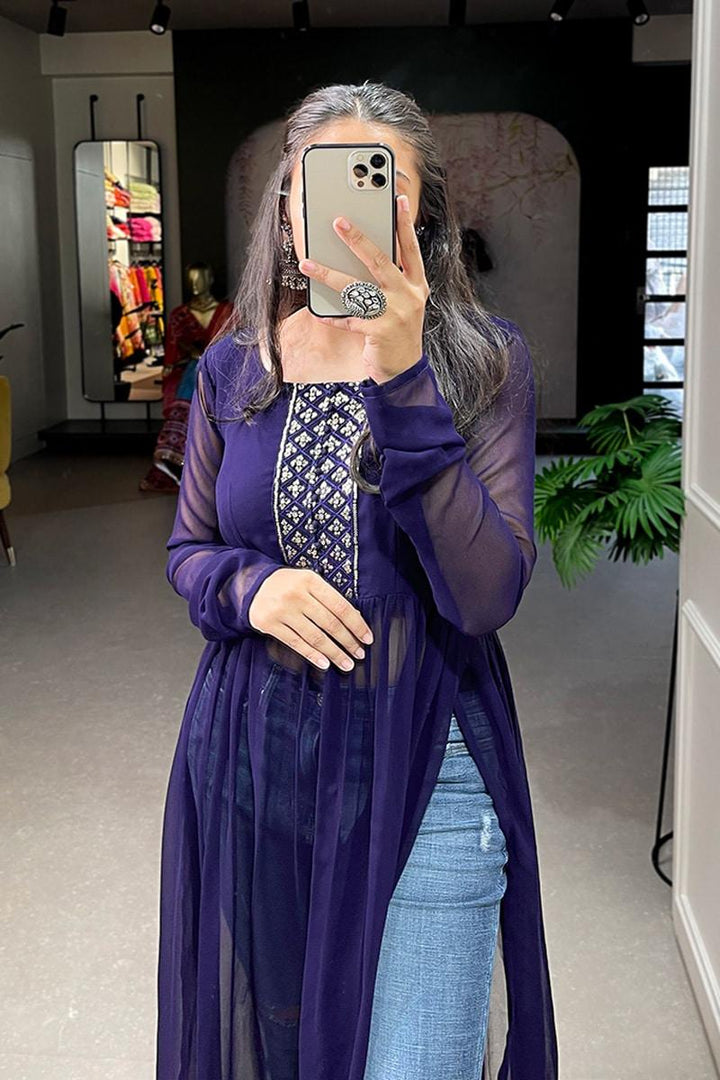 Amazing Navy Blue Embroidery Work Georgette Nyra Cut Kurti