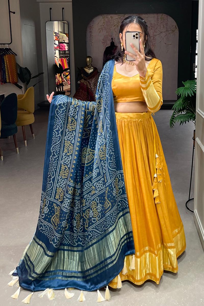 Mustard Yellow Dyeing With Lagdi Patta Gaji Silk Lehenga Choli