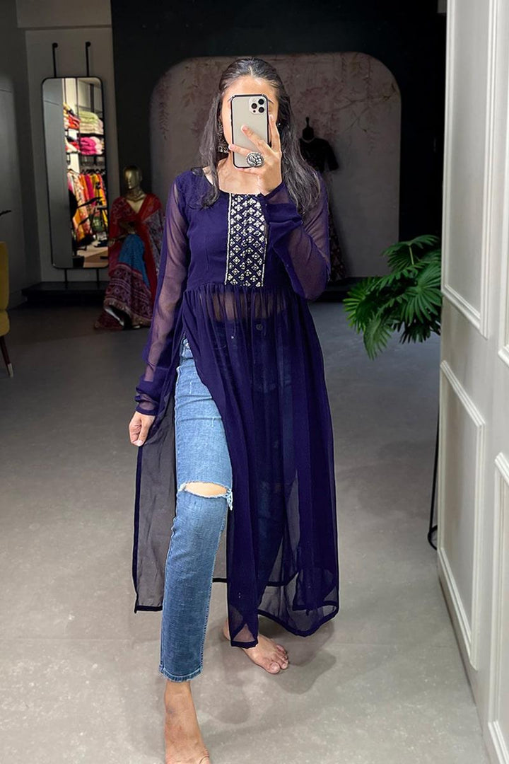 Amazing Navy Blue Embroidery Work Georgette Nyra Cut Kurti