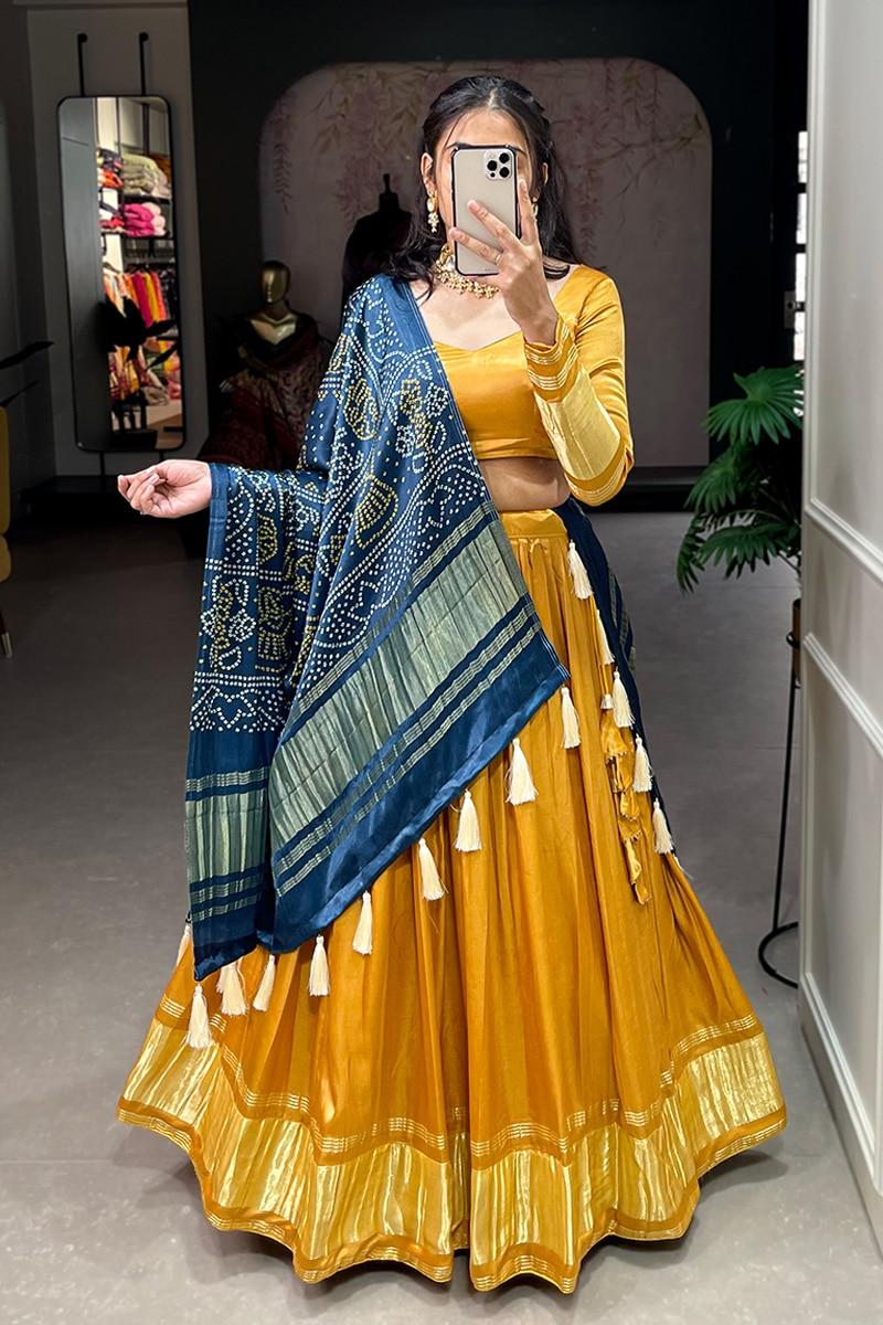 Mustard Yellow Dyeing With Lagdi Patta Gaji Silk Lehenga Choli