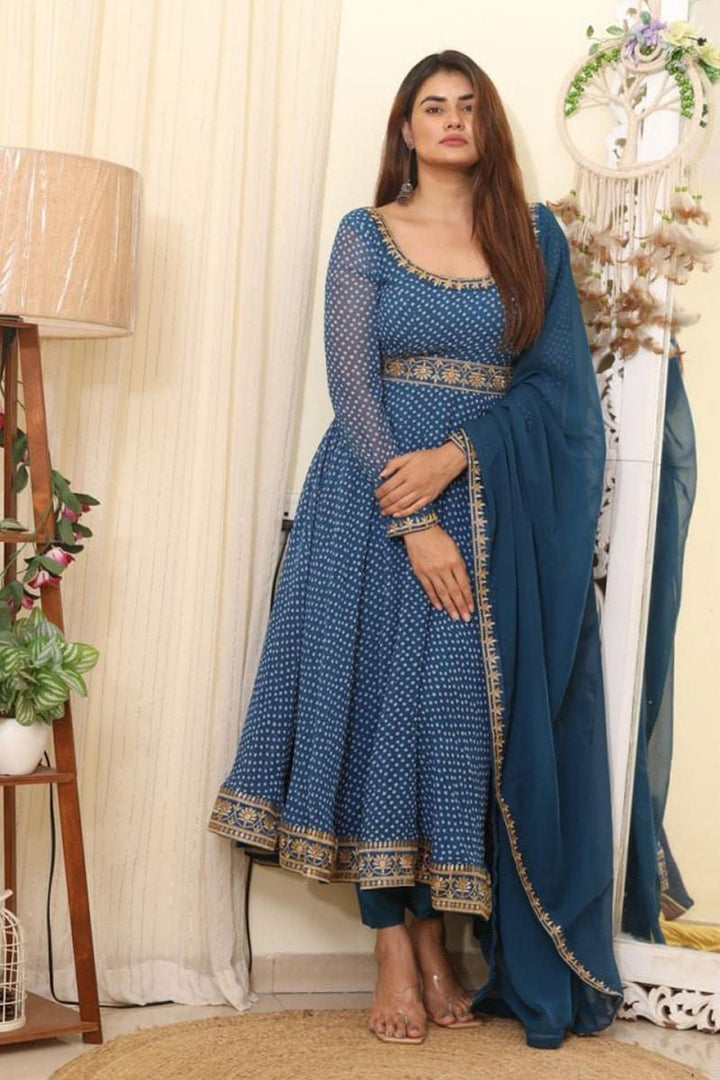 Digital Print Teal Blue Georgette Anarkali Suit Pant With Dupatta