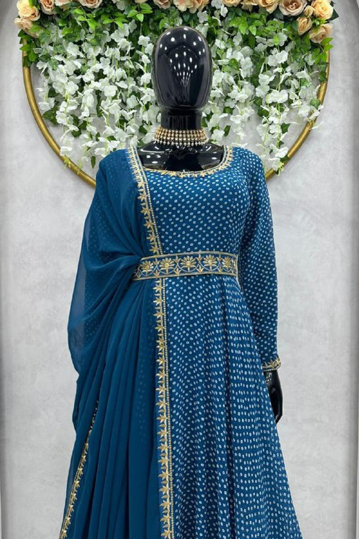 Digital Print Teal Blue Georgette Anarkali Suit Pant With Dupatta