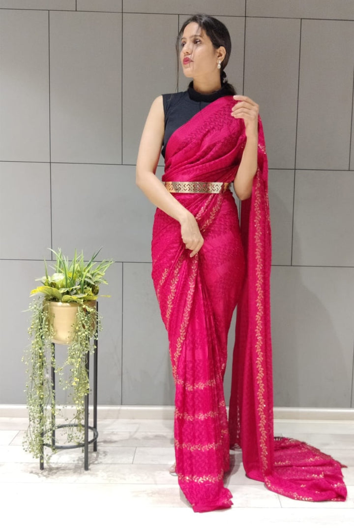 Pink Georgette Brasso Swaroski Work Ready To Wear Saree With Metal Belt