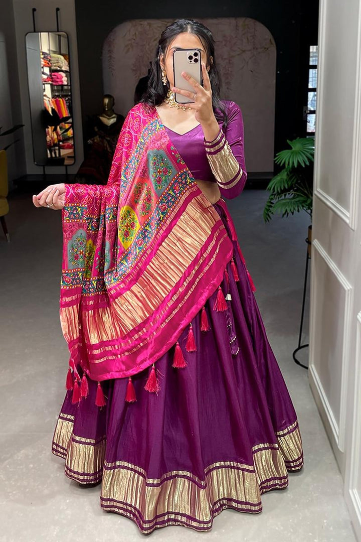 Purple Dyeing With Lagdi Patta Gaji Silk Lehenga Choli
