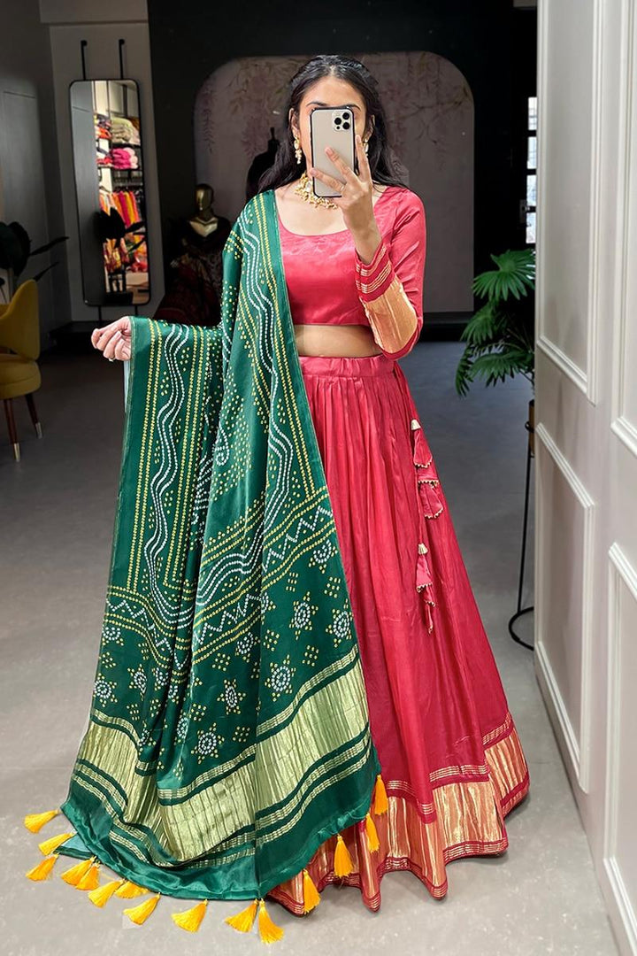 Red Dyeing With Lagdi Patta Gaji Silk Lehenga Choli