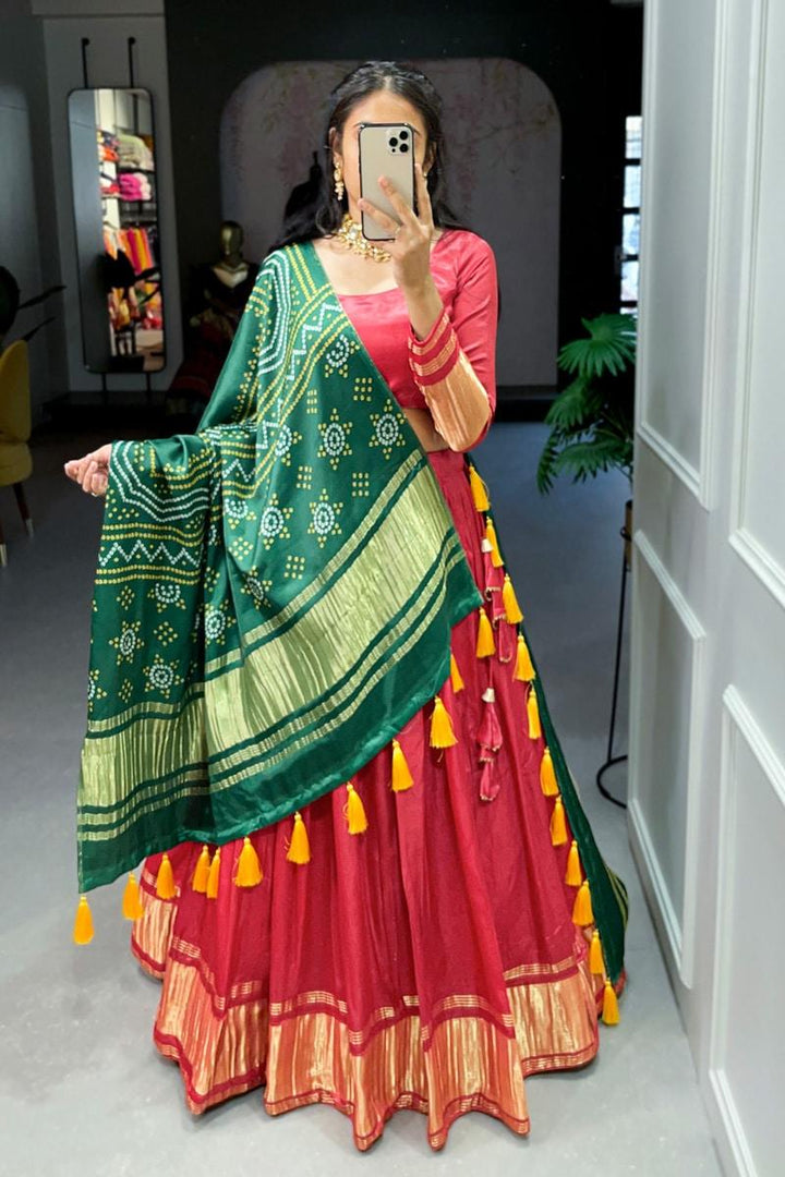 Red Dyeing With Lagdi Patta Gaji Silk Lehenga Choli