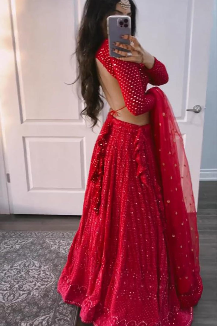 Red Georgette Lucknowi Work Lehenga Choli