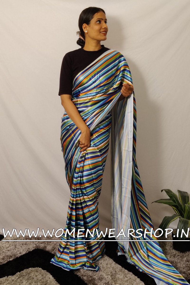 Sky Blue Rainbow Multi Color Satin Silk Ready To Wear Saree