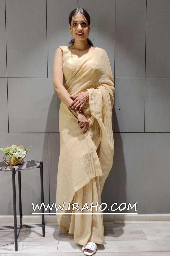 Cream Georgette Sequence Ready To Wear Saree