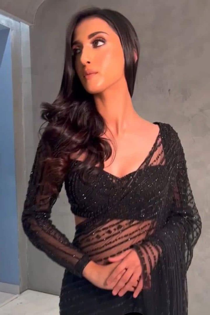 Black Soft Net With Heavy Sequence Saree With Tassels Border