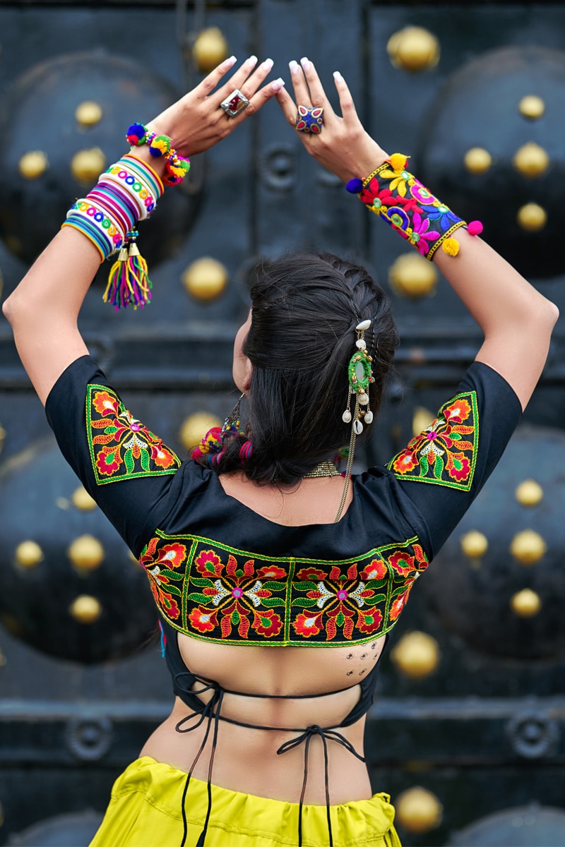 Black Neon Green Soft Cotton Real Mirror Navratri Lehenga Choli