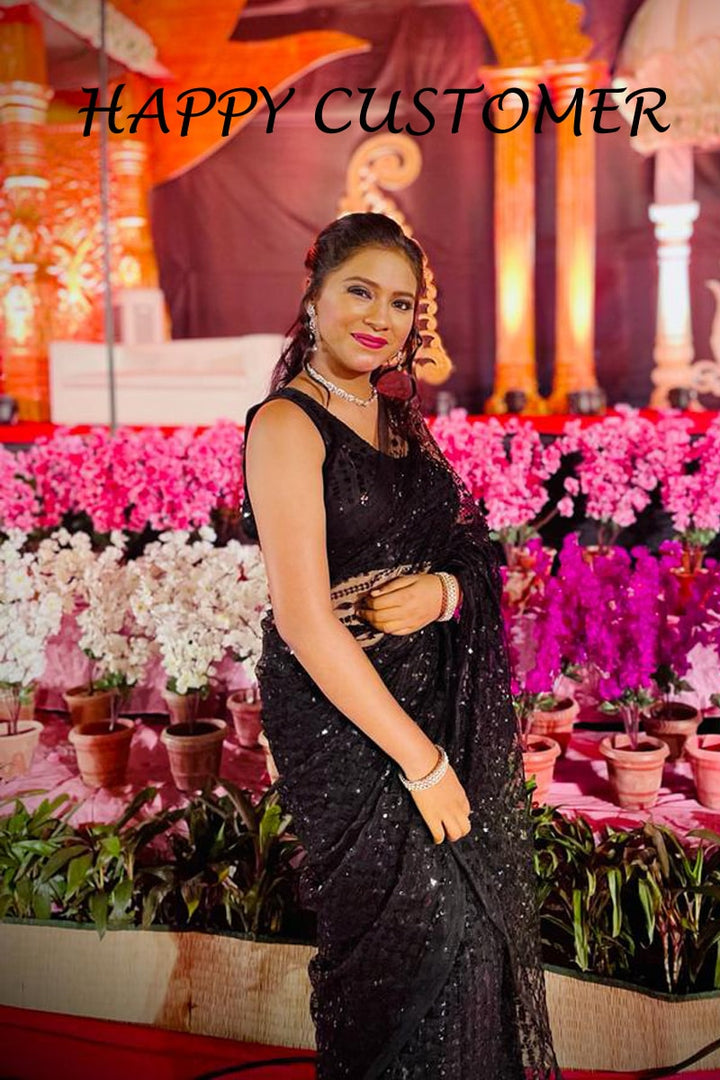 Black Soft Net With Heavy Sequence Saree With Tassels Border