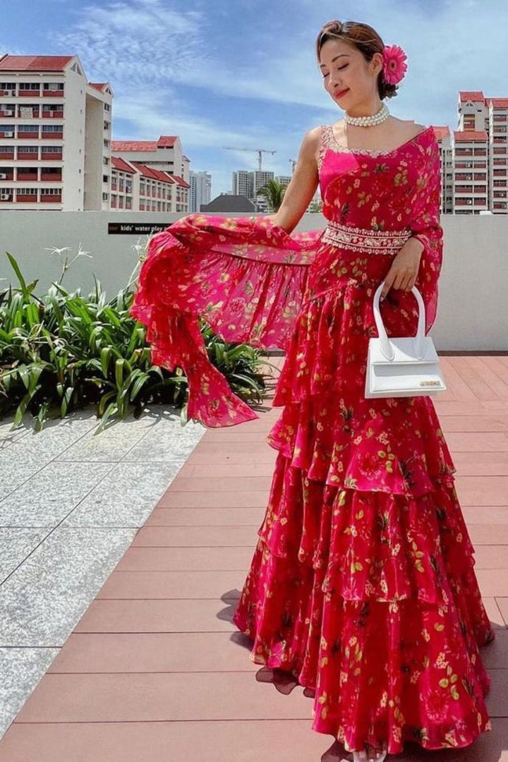 Pink Floral Georgette Ruffle Lehenga Saree With Belt