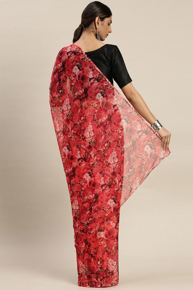 Designer Red Chiffon Silk Pearl Lace Saree