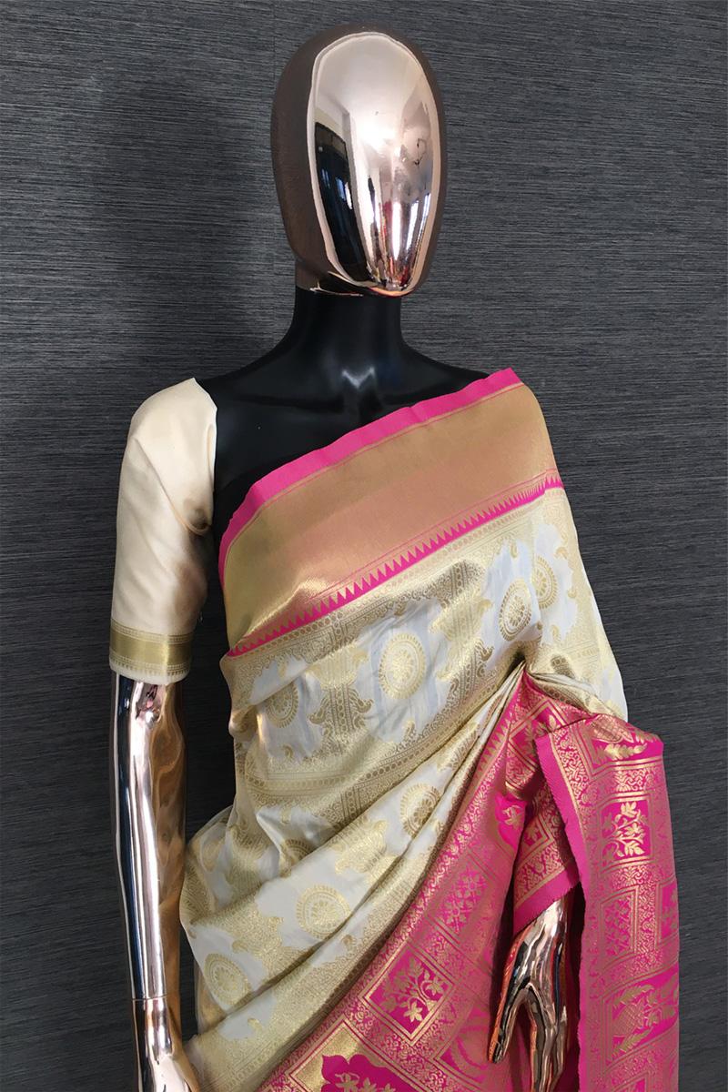 Beautiful Weaving Zari Work Golden Pink Banarasi Silk Saree