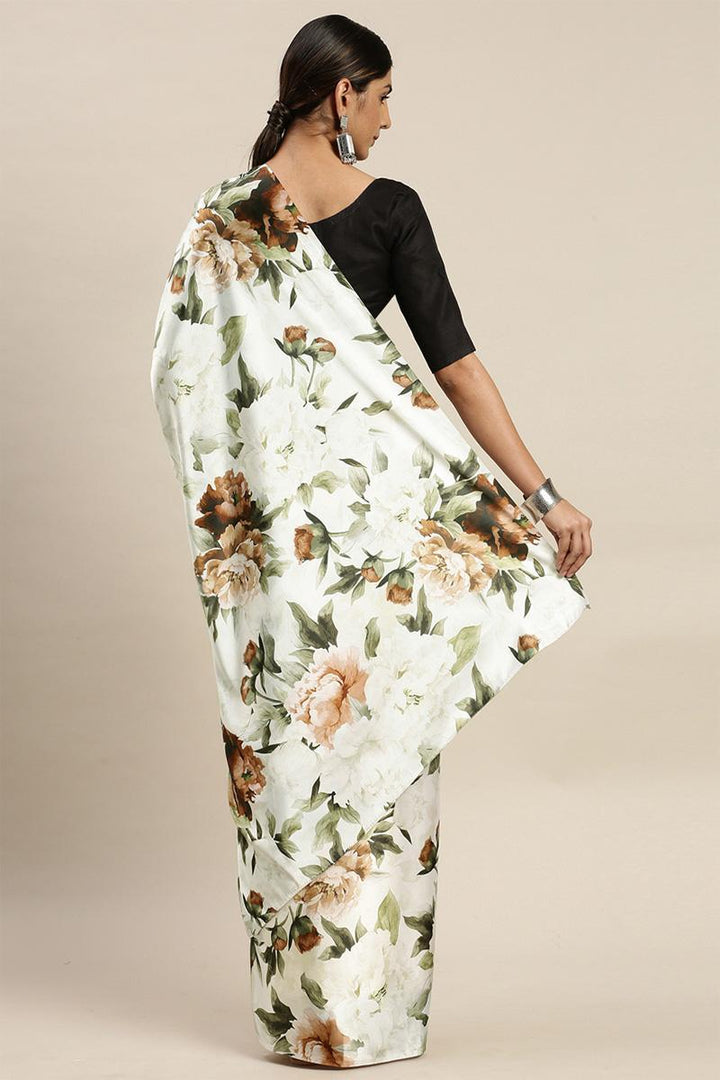 White Pista Floral Print Japan Satin Silk Saree