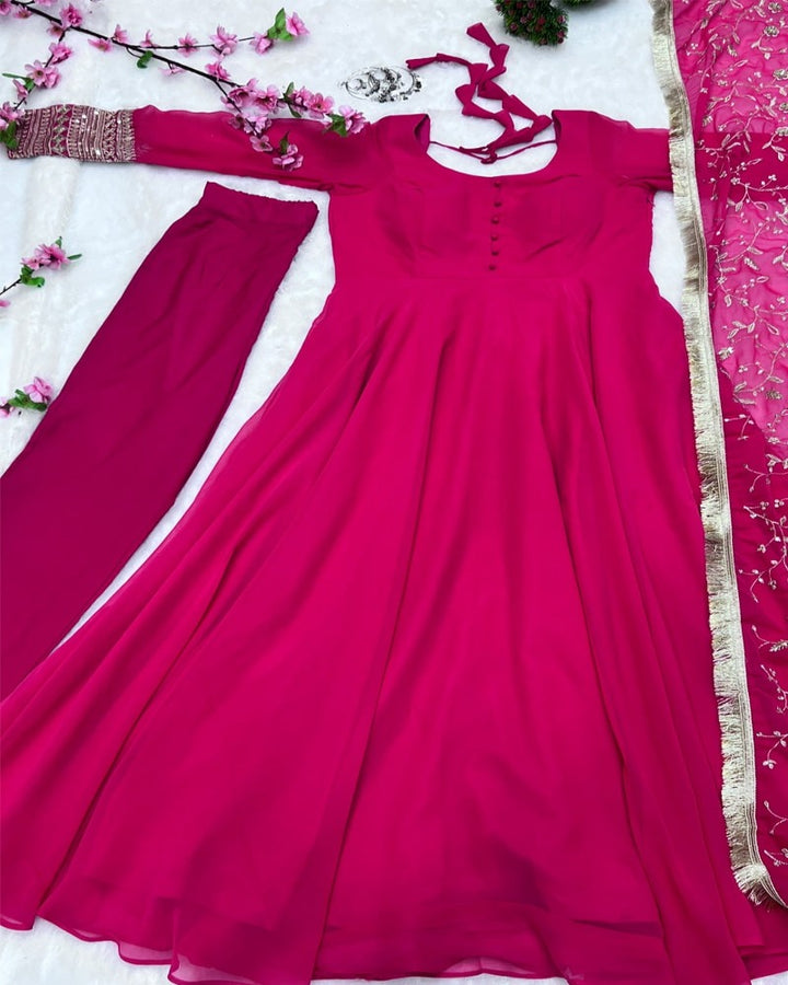 2 Color Soft Georgette Anarkali With Pant Heavy Dupatta Work
