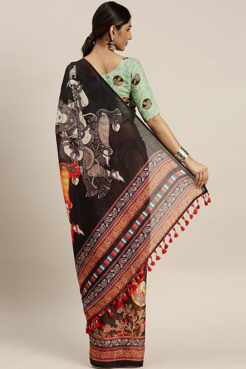 Black Linen Digital Printed Saree